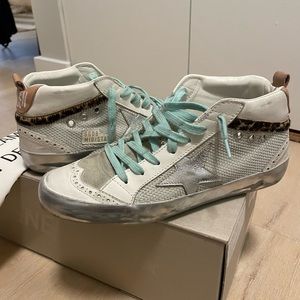 Golden Goose White and Silver Sneakers with Blue Laces